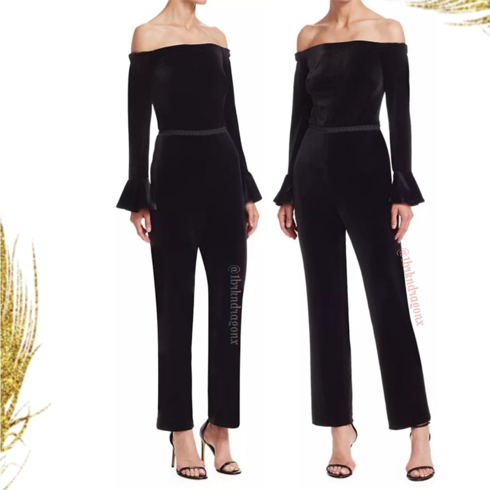 NWT ML MONIQUE LHUILLIER Velvet Off the Shoulder Jumpsuit 10 Bell Ruffle Sleeve